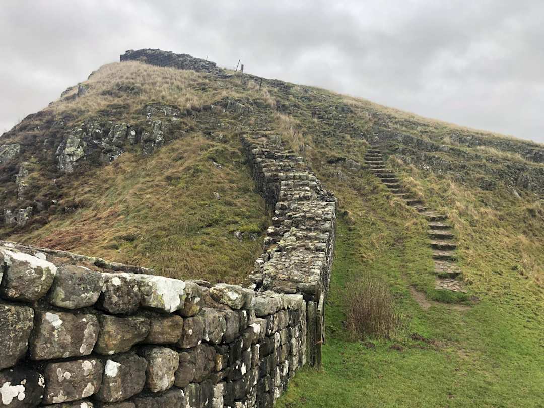 A close up view of Hadrian's Wall on a green hill on a misty day, Northumberland, England, UK