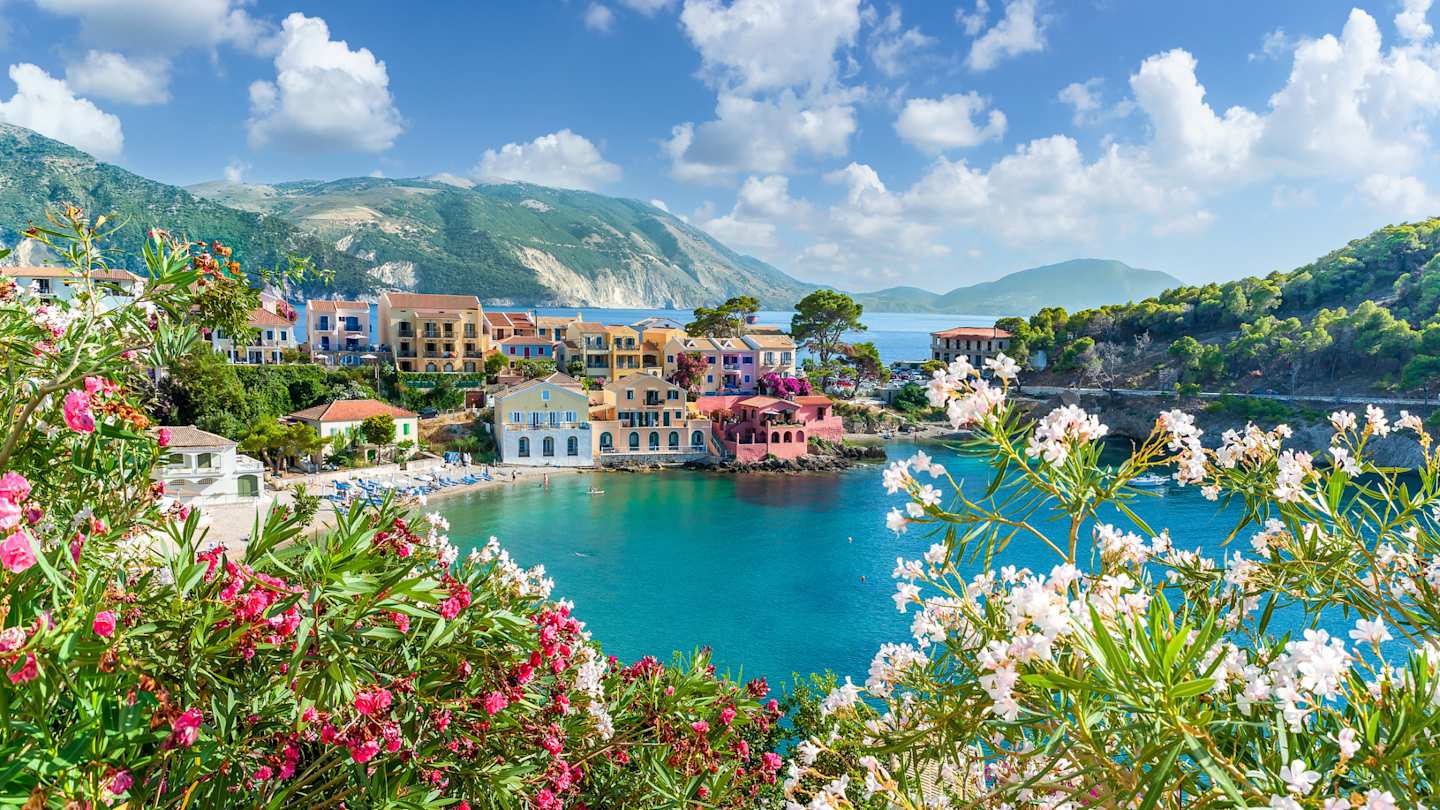 Colourful houses in Assos on the water, surrounded by pink and white flowers and mountains in the background, Kefalonia