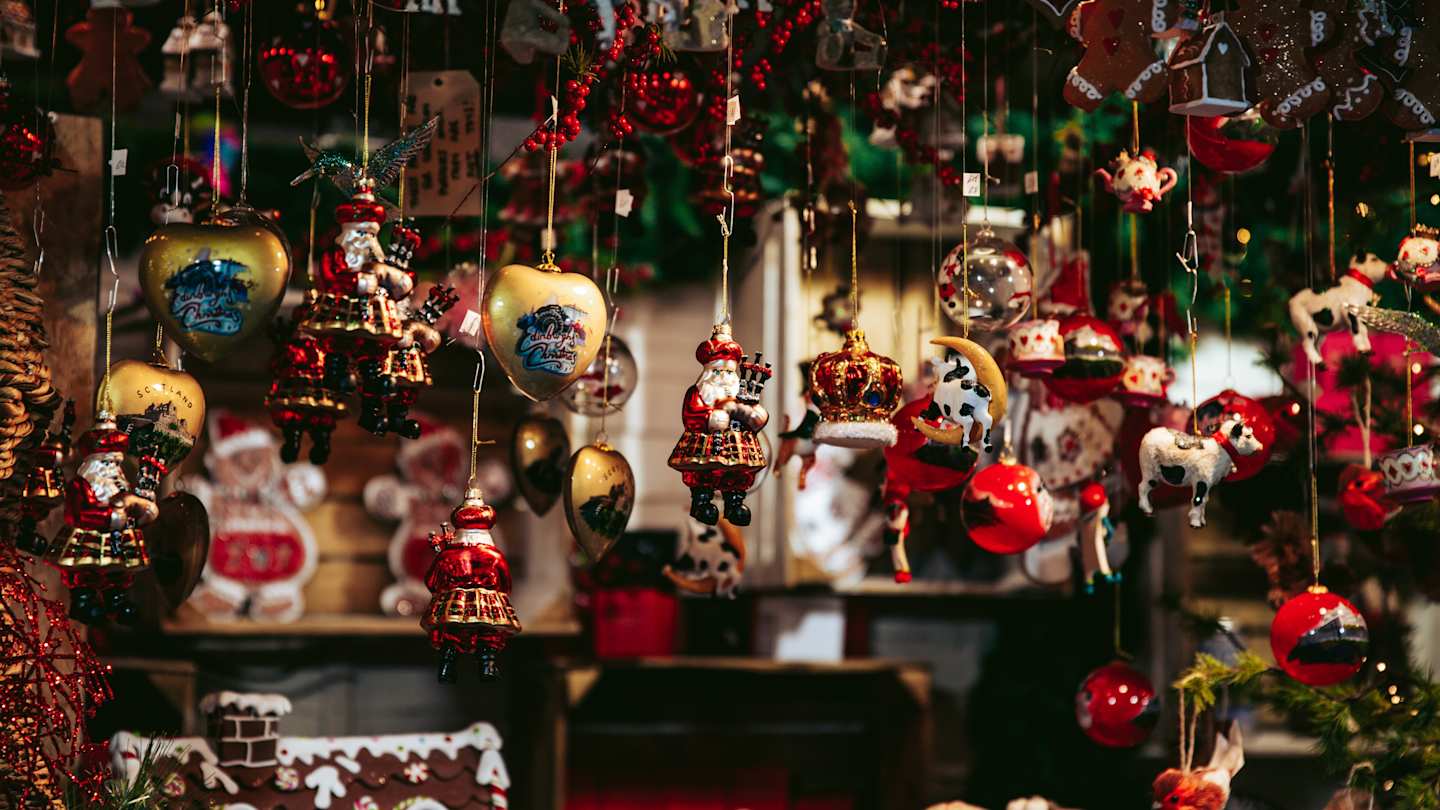 Ornaments in a stall at a Christmas market, Scotland