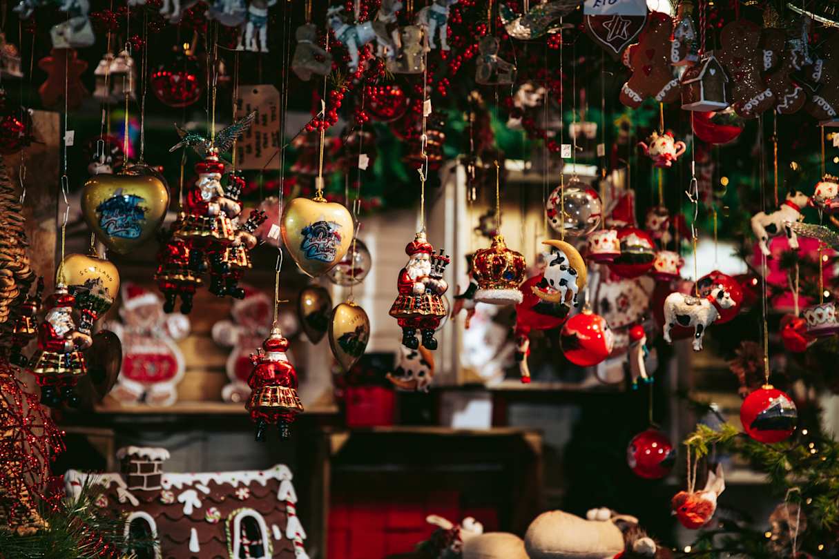 Ornaments in a stall at a Christmas market, Scotland