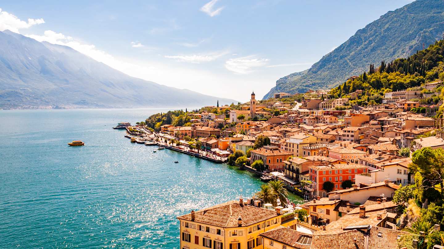 Limone Sul Garda cityscape on the shore of Lake Garda surrounded by scenic Northern Italian nature, Italy