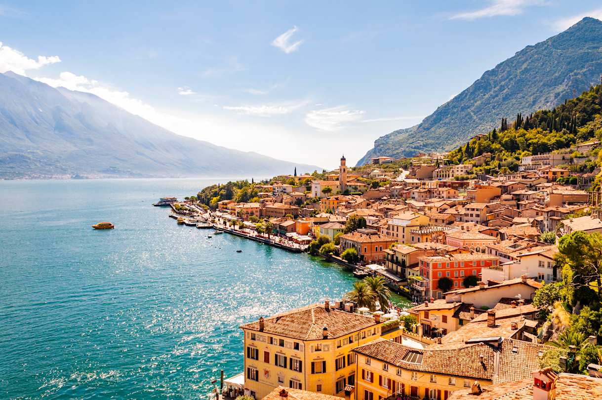 Limone Sul Garda cityscape on the shore of Lake Garda surrounded by scenic Northern Italian nature, Italy