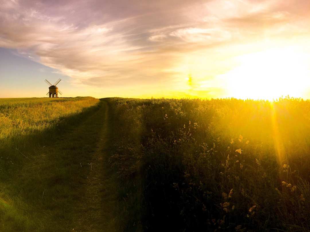 A large field with a distant windmill at sunset in Royal Leamington spa, Warwickshire, England, UK