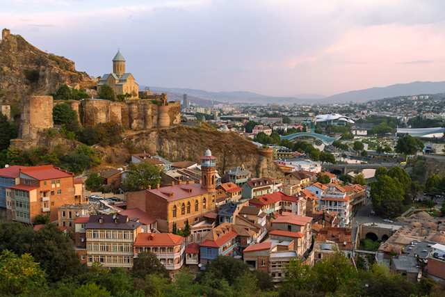 An aerial view of Narikala Castle and view over Tbilisi, Georgia