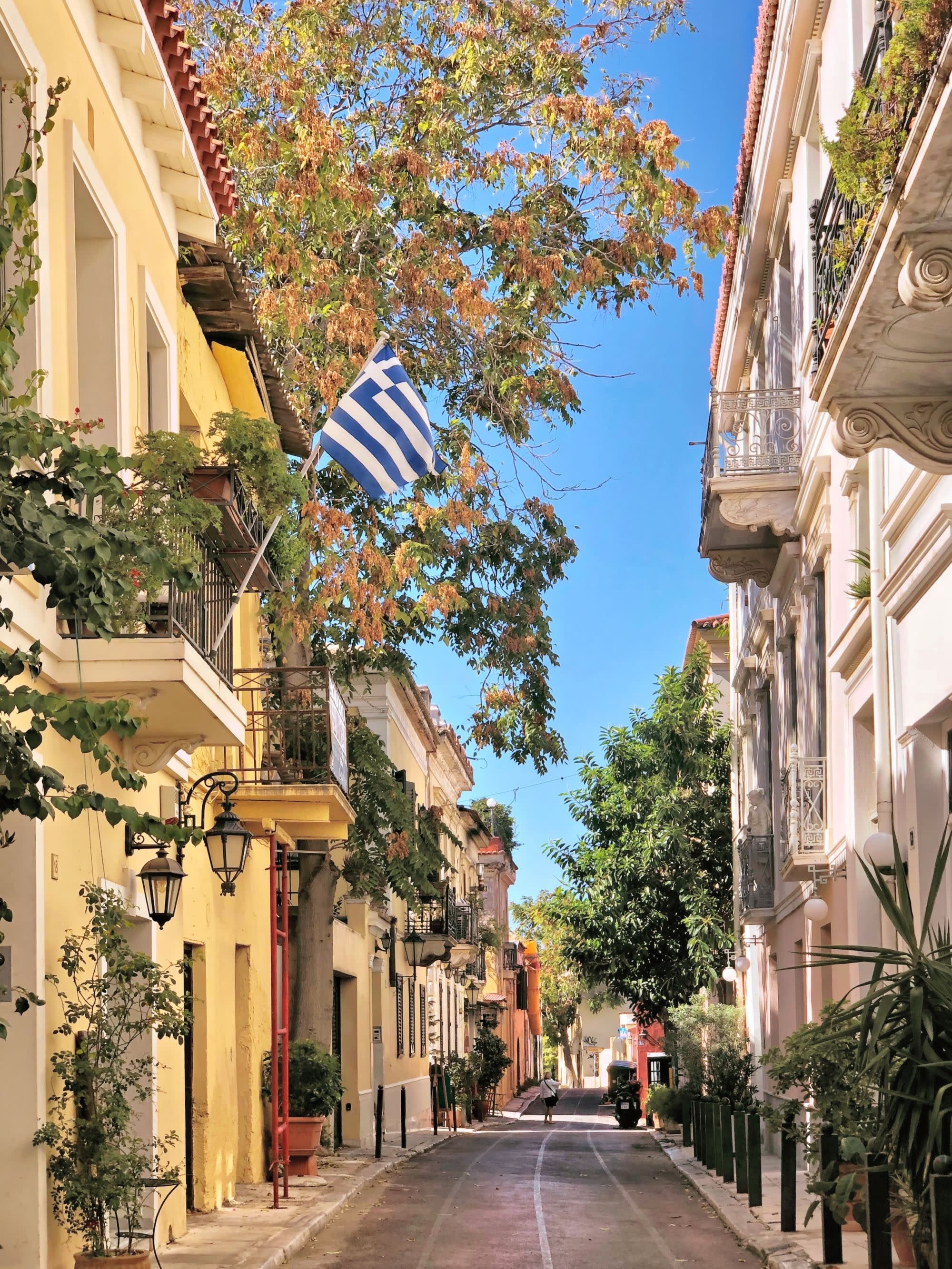 Vine-covered building with a Greek flag in Plaka, a picturesque neighbourhood in Athens, Greece 