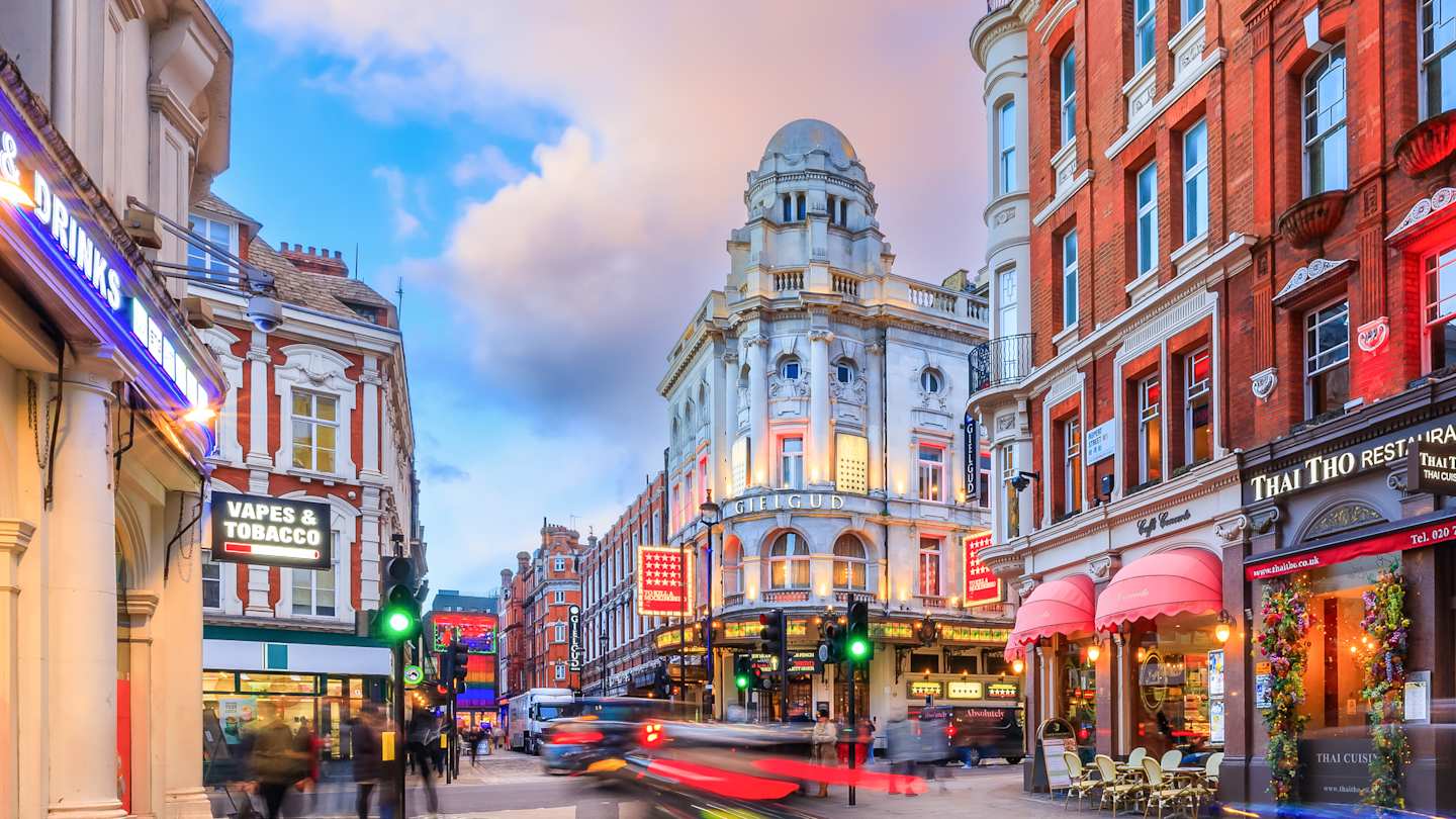 West End theatres on Shaftesbury Avenue at night, London