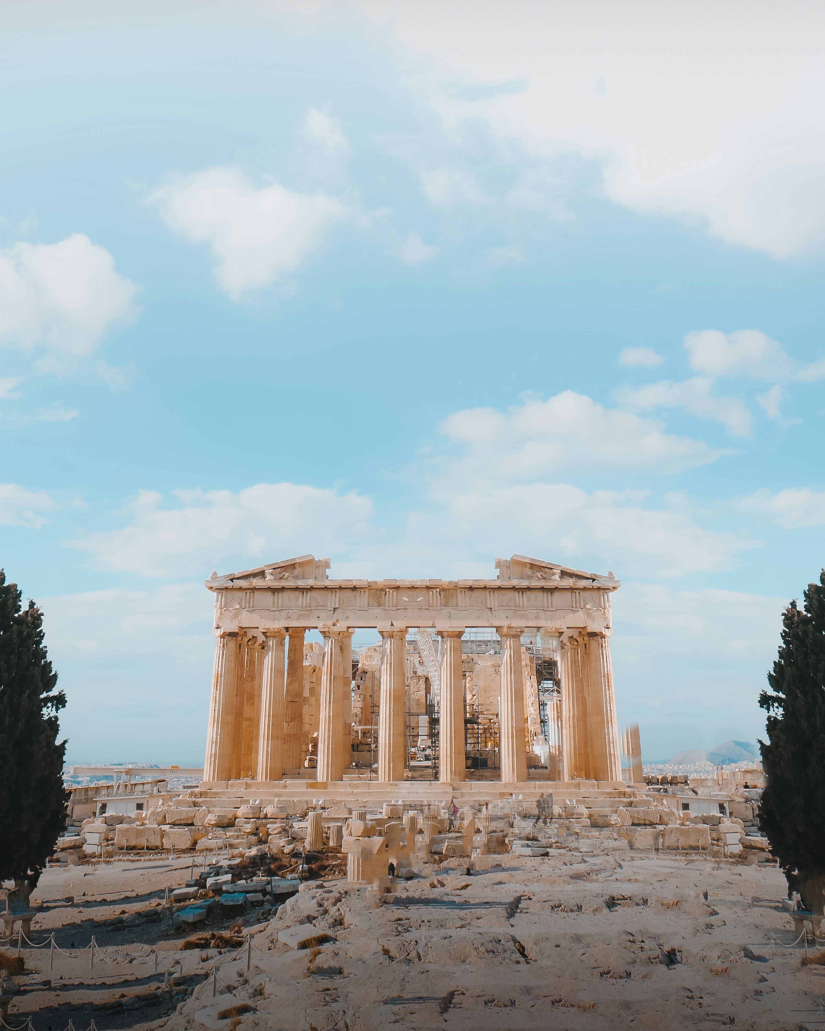 View of the Parthenon, part of the Acropolis, on a clear blue day, Athens, Greece