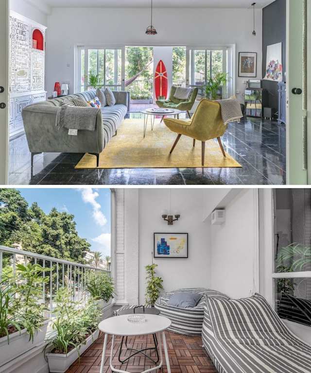 Bright, colourful living area and outdoor terrace of Plum Guide home, Surfin' Safari