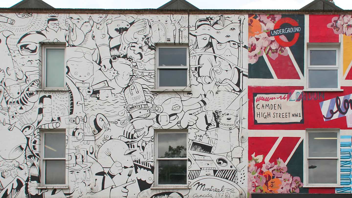 House facades in Camden covered in artwork