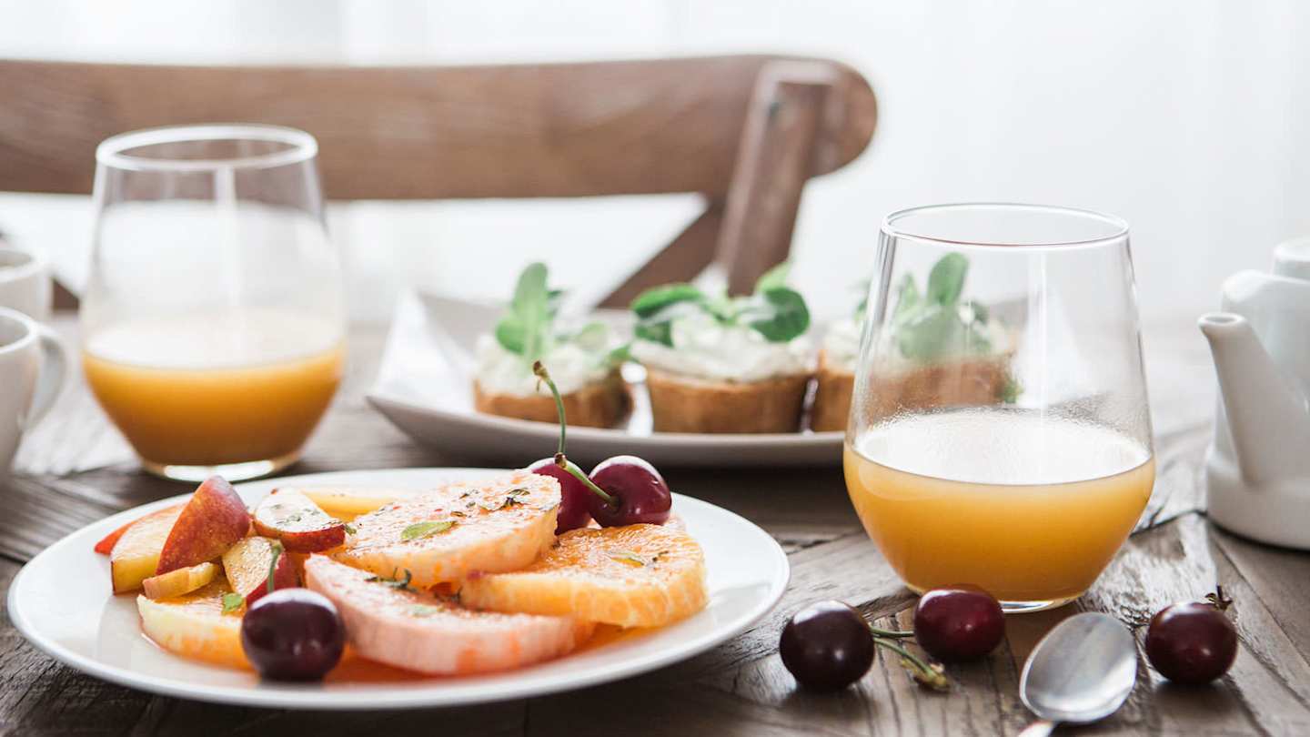 Selection of breakfast dishes and drinks