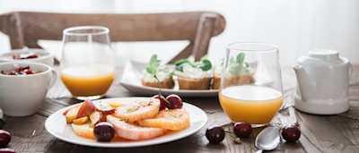 Selection of breakfast dishes and drinks