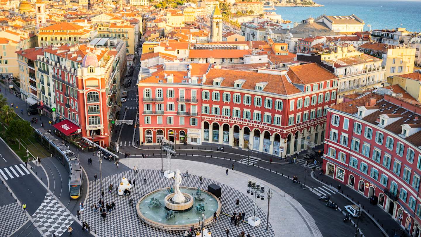 Aerial view of Apollo Statue, Place Massena, Nice, French Riviera