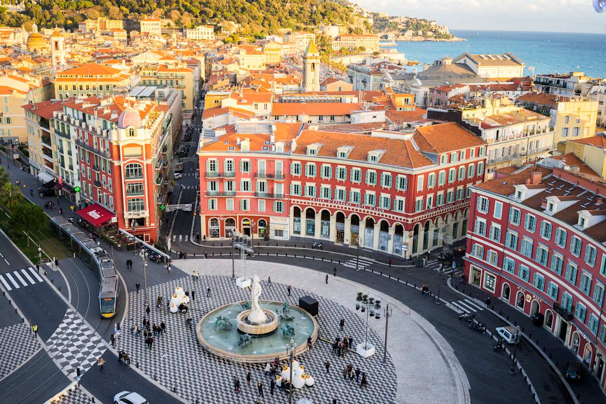 Aerial view of Apollo Statue, Place Massena, Nice, French Riviera