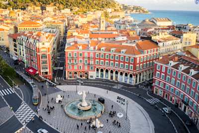 Aerial view of Apollo Statue, Place Massena, Nice, French Riviera
