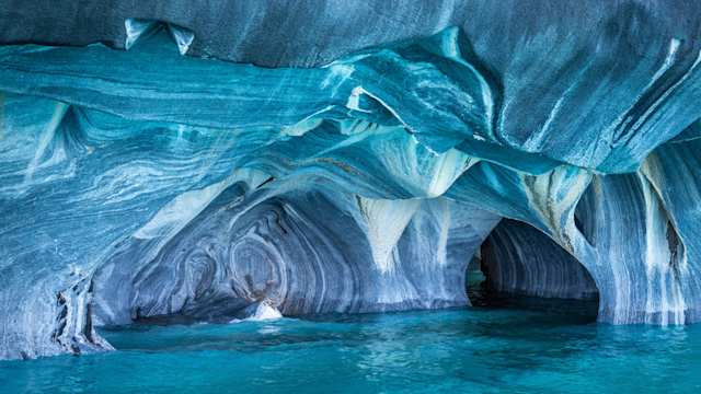 A view of the inside of sculpted caves in General Carrera Lake in Chile, Patagonia