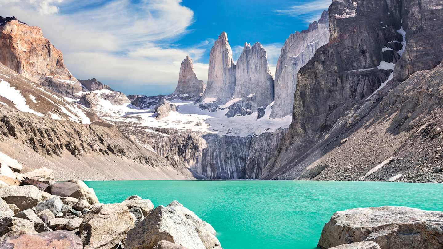 A blue lagoon at the foot of the Torres del Paine mountains, Patagonia, Chile