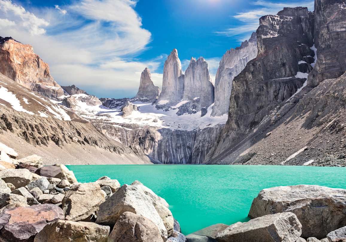 A blue lagoon at the foot of the Torres del Paine mountains, Patagonia, Chile
