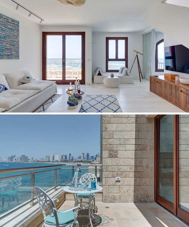 Spacious living area and terrace with coastal views in Plum Guide home, On the Sea