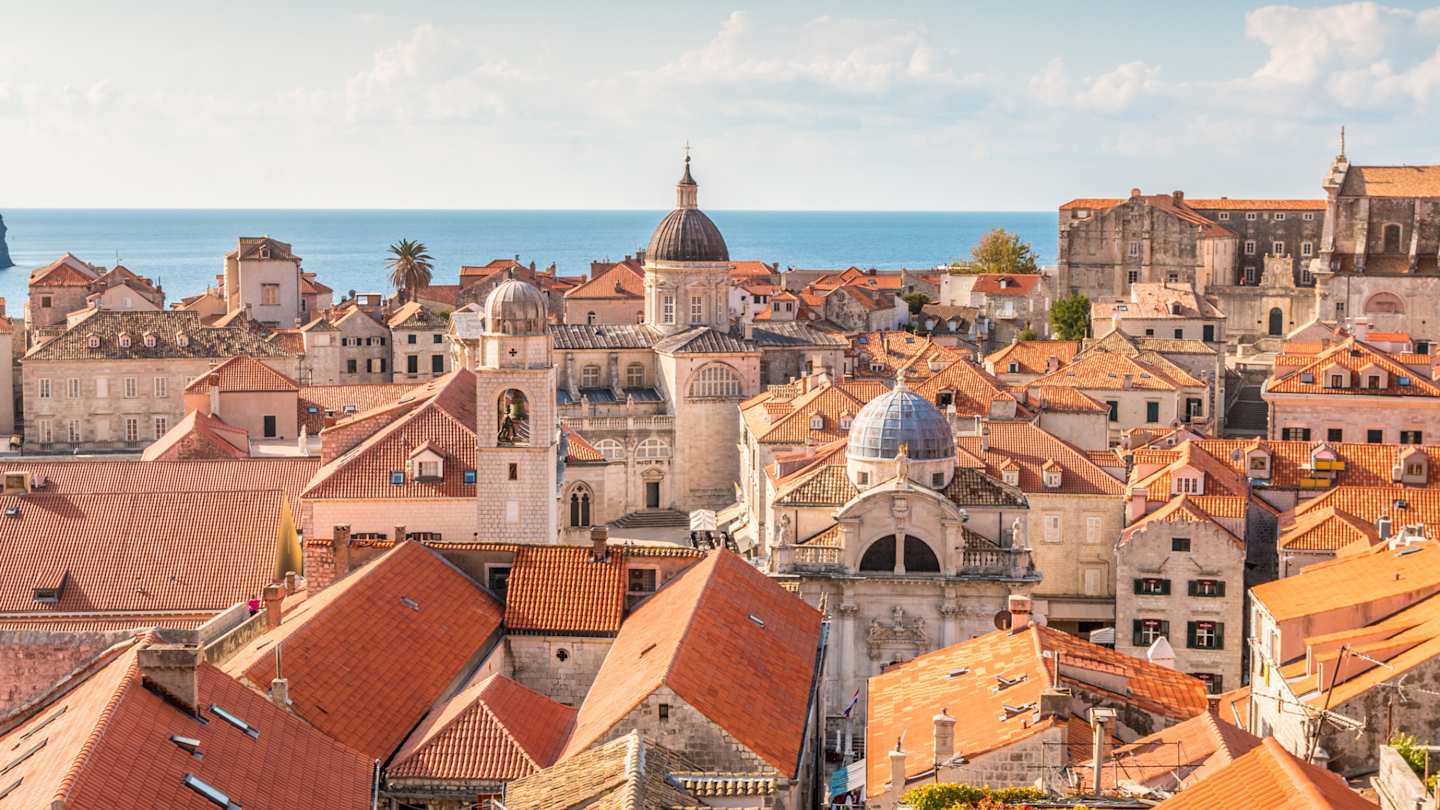 The roof of ancient buildings in Dubrovnik's Old Town with sea in the distance, Dubrovnik