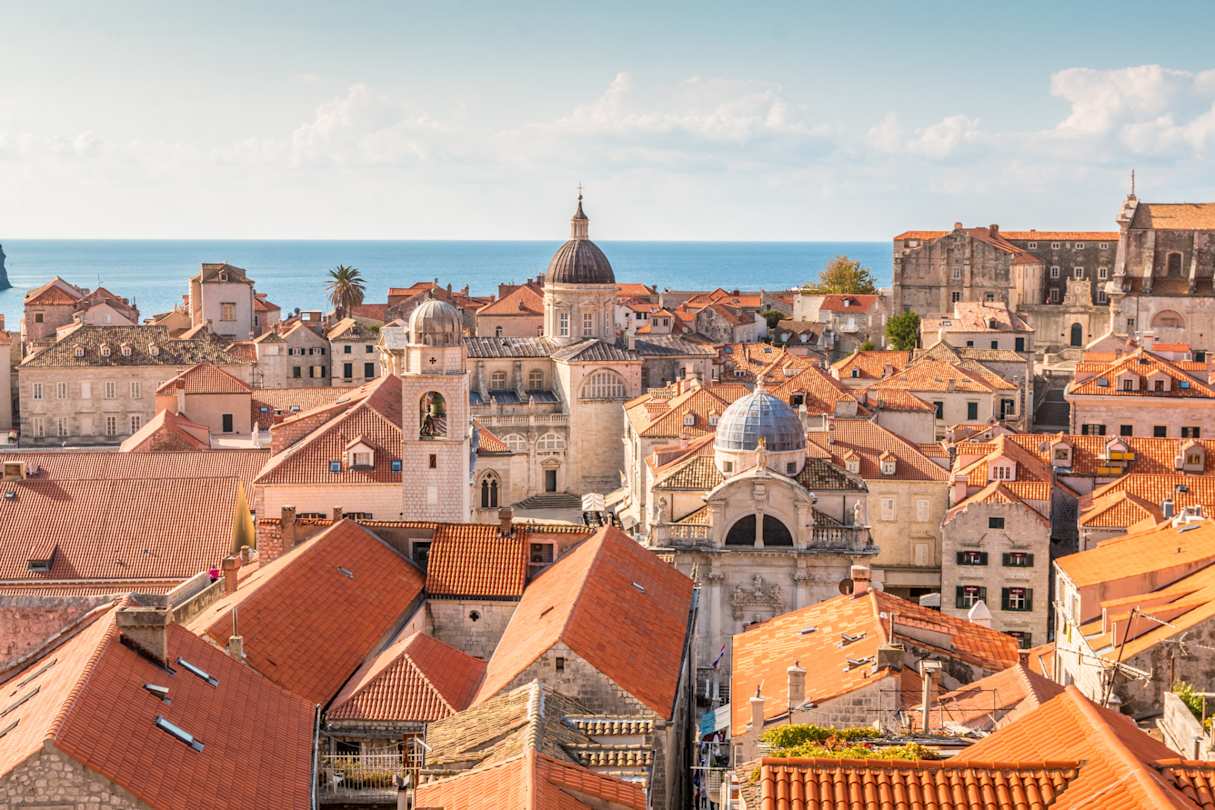 The roof of ancient buildings in Dubrovnik's Old Town with sea in the distance, Dubrovnik
