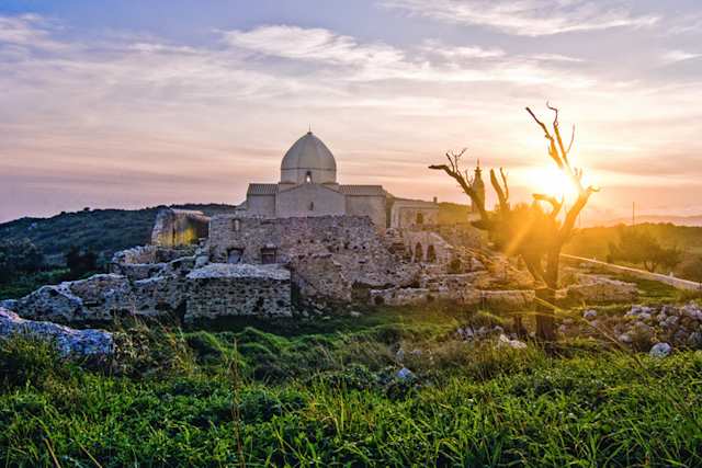 The Monastary of Panagia Skopiotissa at sunset, Argassi, Zakynthos, Greece
