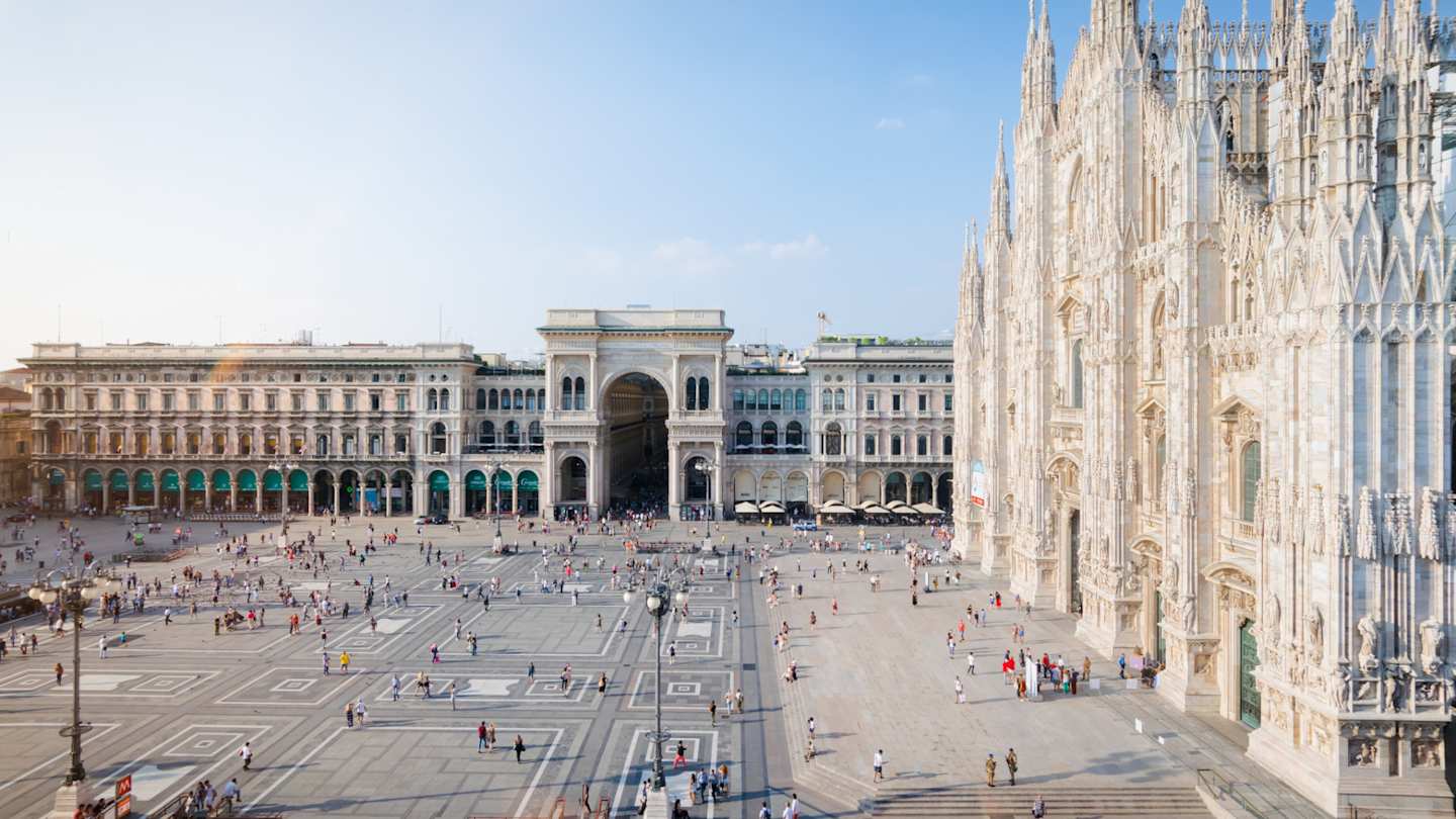 Piazza Duomo Square with the Duomo Cathedral and Vittorio Emanuele II shopping gallery in Milan, Italy