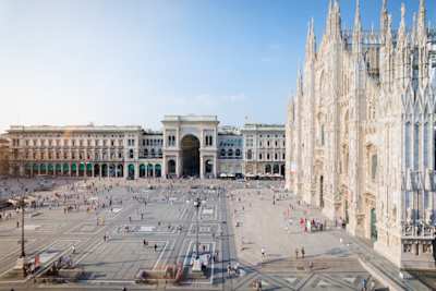 Piazza Duomo Square with the Duomo Cathedral and Vittorio Emanuele II shopping gallery in Milan, Italy