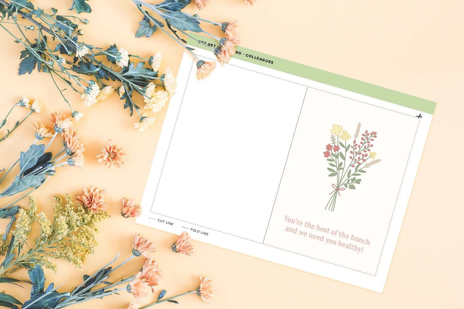 flower themed get well card printable on light orange background with field flowers