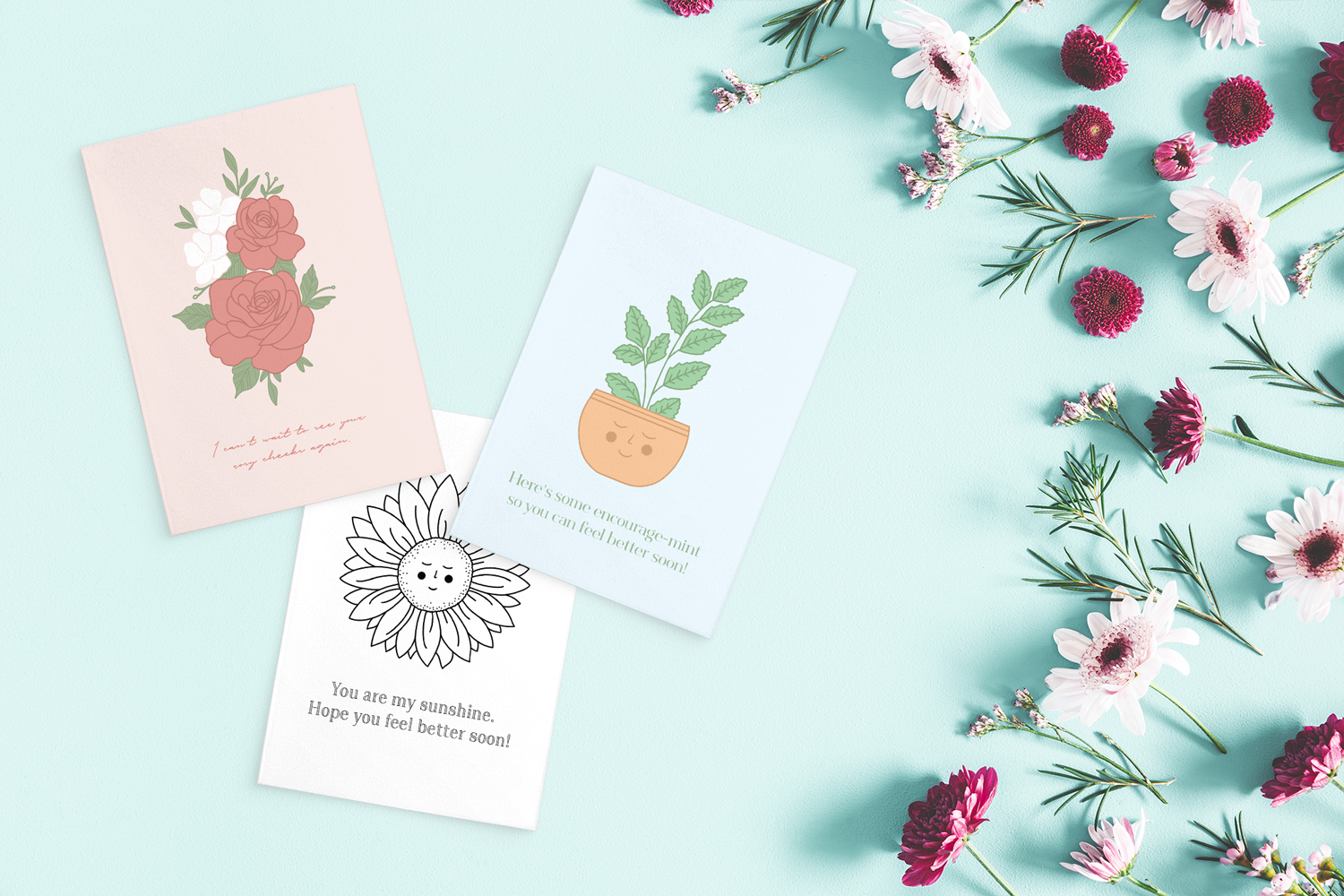 printable get well cards on turquoise background with red and pink flowers
