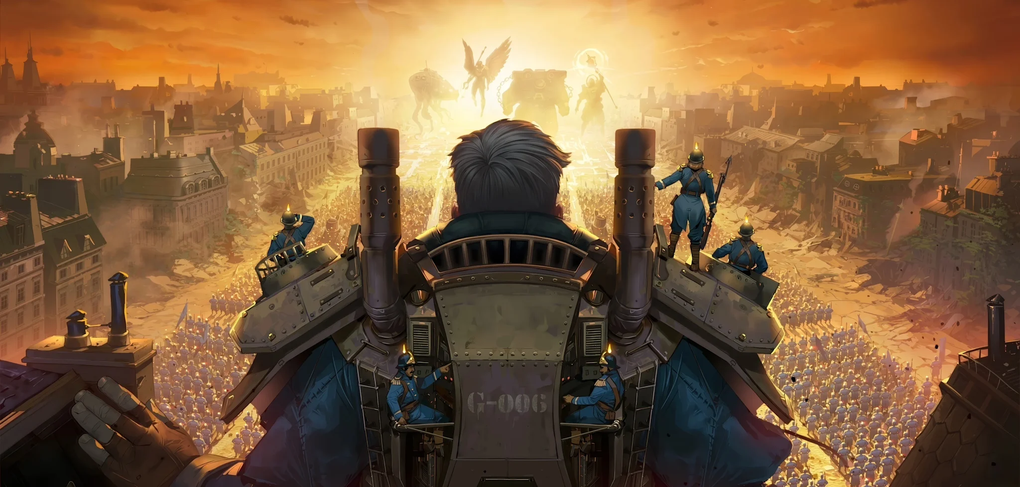 From behind we see a giant facing a war-torn city, with angelic figures emerging from smoke and fire behind them, creating an epic, apocalyptic scene. Human size solders stand on the Giant's shoulders. Two exhausts pipes emit steam on the Giant's shoulder armor.