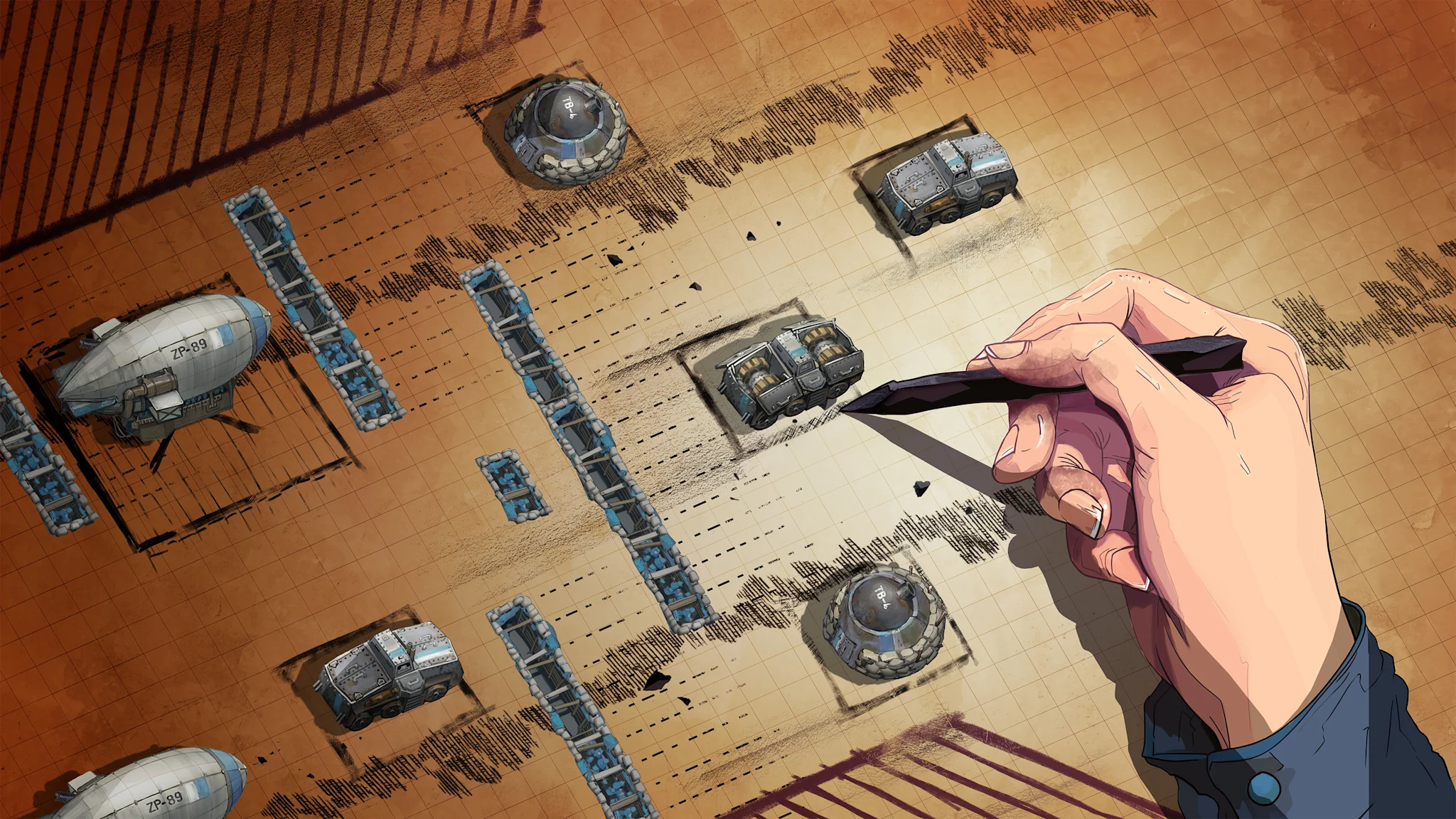 A hand drawn map with military miniatures of tanks, cannons, and trucks.  A hand with a pencil draws an arrow, showing the direction a cannon should move.