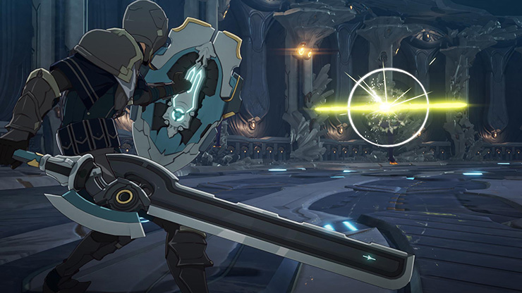 A character holds a large futuristic sword and shield up against an attack.