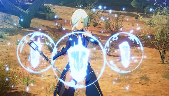 Close-up of a character holding a staff using magic. She creates three circles each with crystals inside of them. 