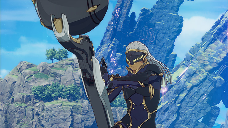 Um personagem vestindo preto com detalhes dourados, longos cabelos brancos e uma máscara segura uma arma grande preparando-se para mirá-la. 