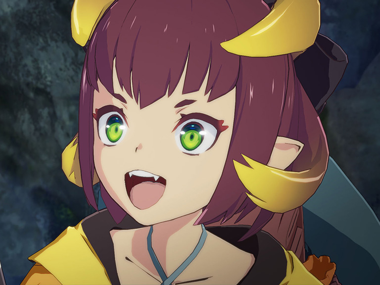 A close up of Feste. She has dark maroon hair, big green eyes, and wears a yellow outfit and hair accessory. 