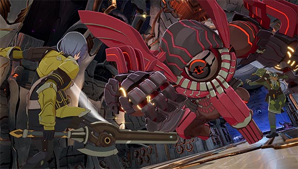Un personaje sostiene un arma enorme frente a un monstruo robótico con marcas rojas.