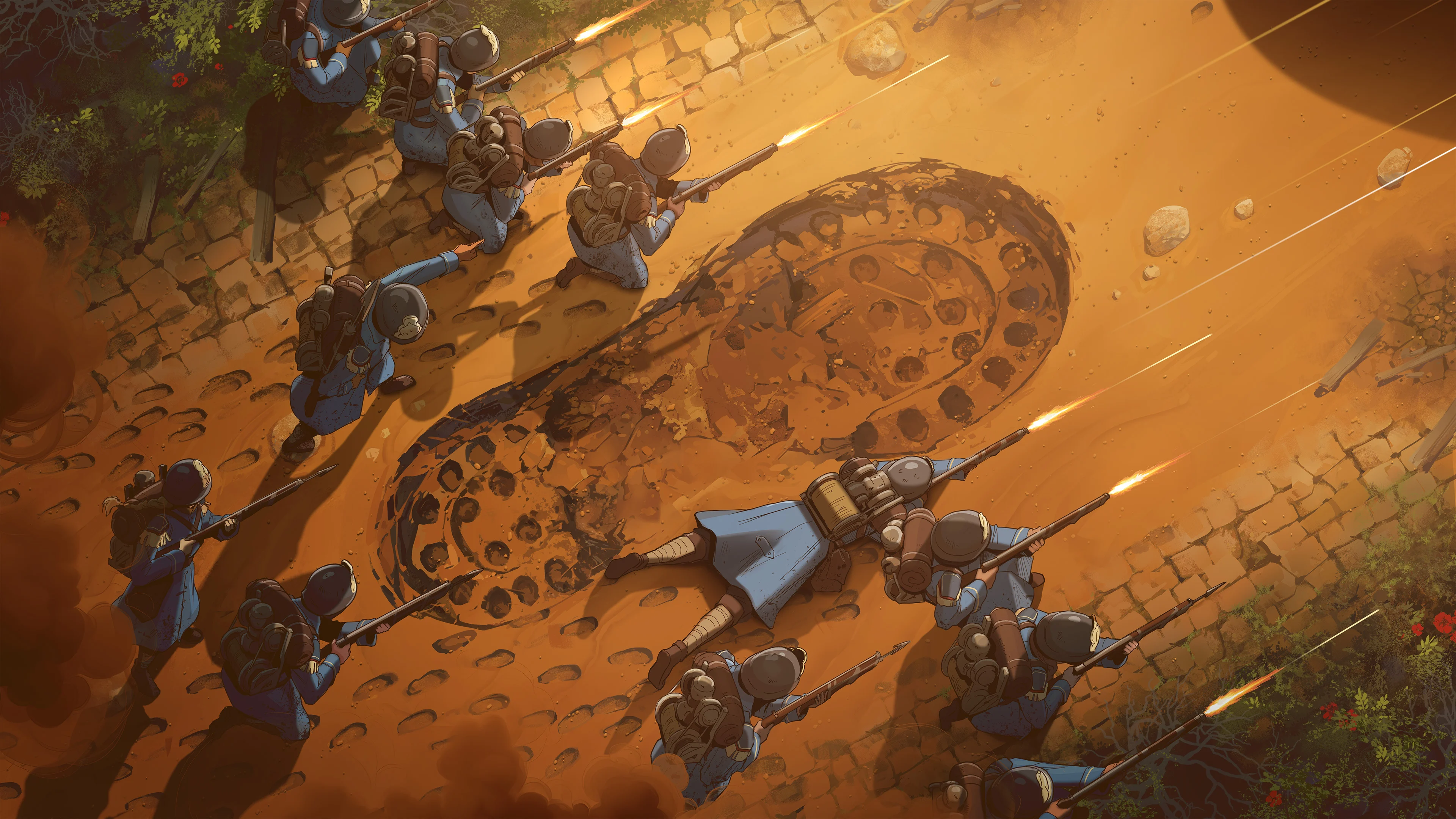 Overhead view of soldiers firing rifles around a giant footprint. Orange landscape with stone path. Bullets streak across screen. Stylized game art.