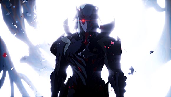 Voldigen stands backlit with only his red glowing eye and shining face mask visible
