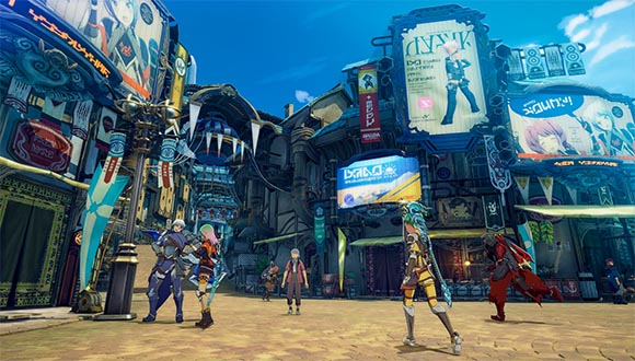 Des personnages se tiennent sur une place dans une ville, entourés de magasins et de grands panneaux publicitaires.