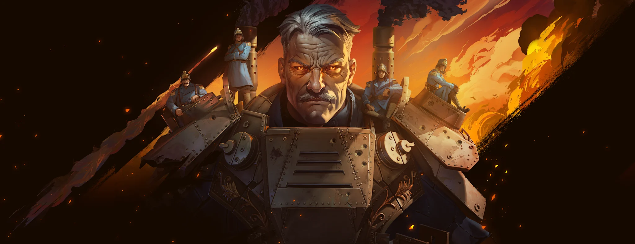 A grizzled, cyborg giant with glowing eyes glares intensely, surrounded by robotic machinery and fiery ruins in an apocalyptic scene.