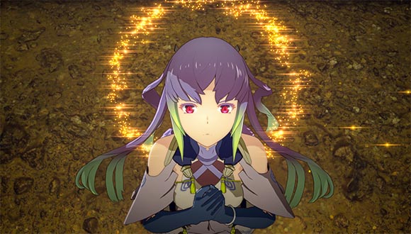 Un personaje con pelo de color lila con las puntas verdes y ojos rojos está de pie con las manos entrecruzadas sobre el corazón, detrás tiene un efecto de halo.