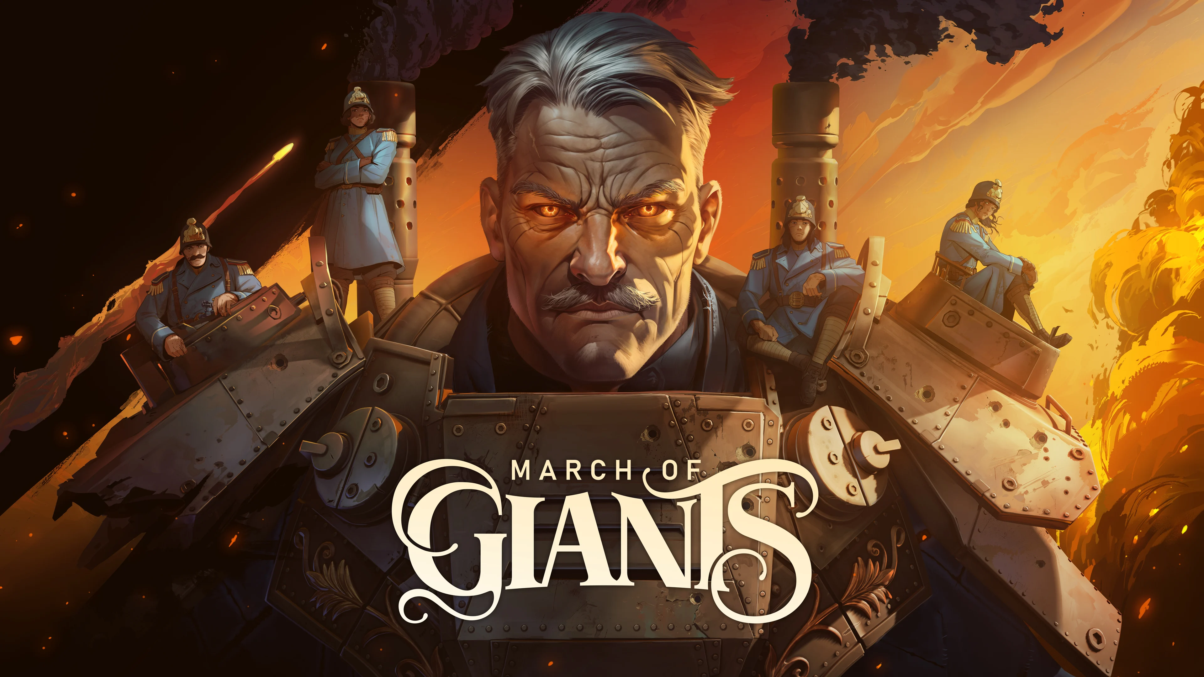 A grizzled, cyborg giant with glowing eyes glares intensely, surrounded by robotic machinery and fiery ruins in an apocalyptic scene.