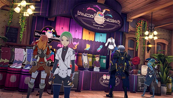 Characters stand in a dye shop. Bright colors and fabrics surrounding them. 