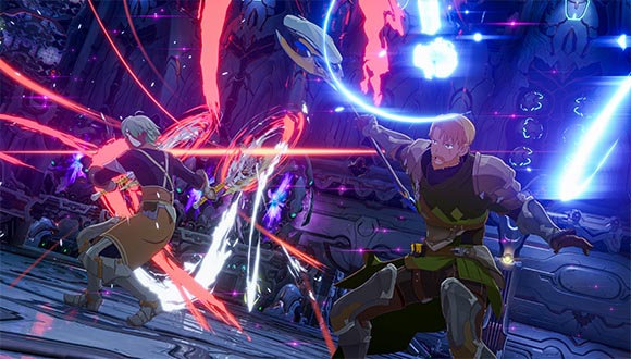 Deux personnages s’affrontent en utilisant le Spell Weaver et le Twin Striker. Des lumières bleues et rouges brillent autour d'eux