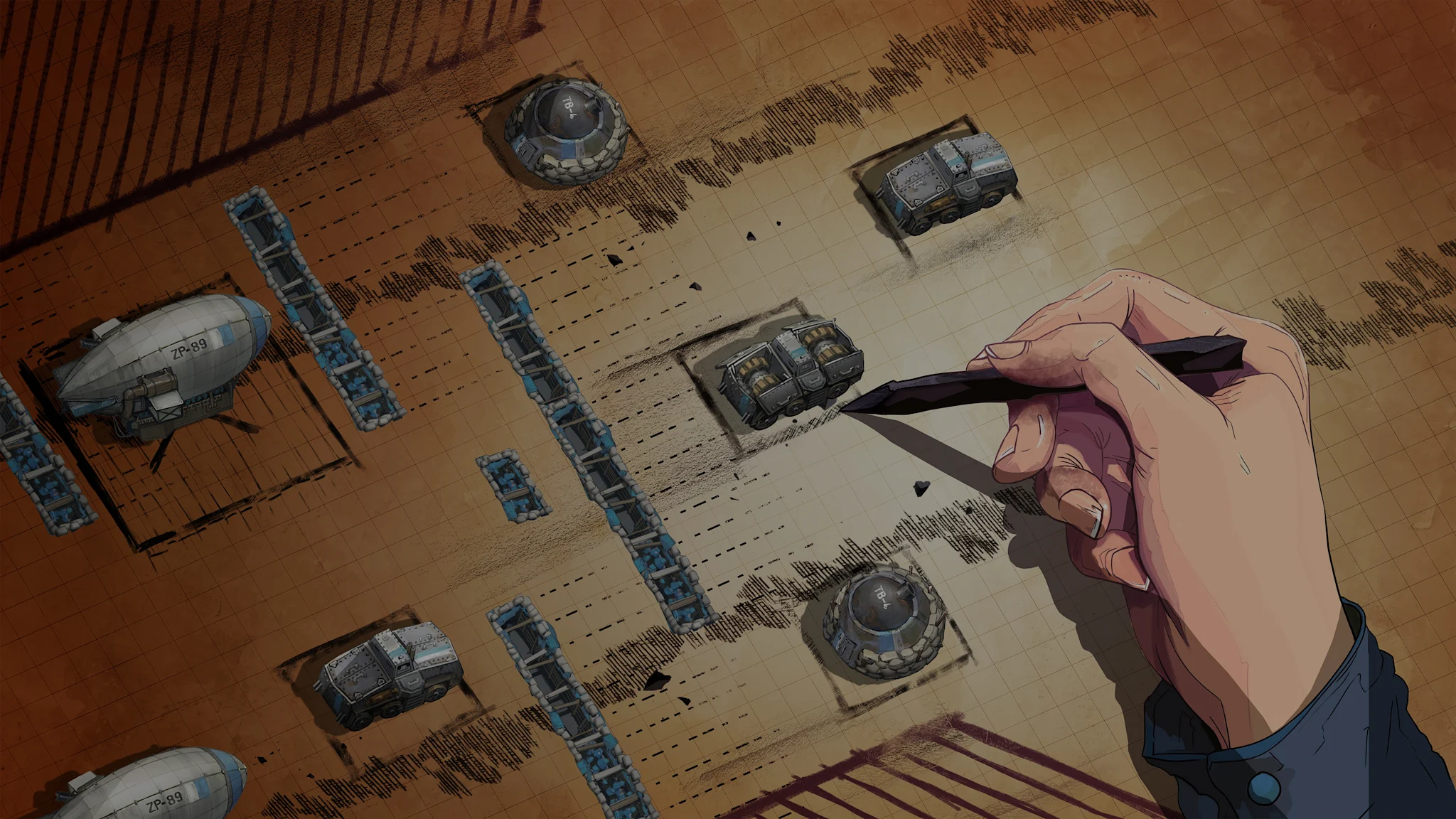 A hand drawn map with military miniatures of tanks, cannons, and trucks.  A hand with a pencil draws an arrow, showing the direction a cannon should move.