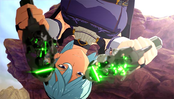 A blue-haired character hands upside down pointing and firing two guns at the viewer