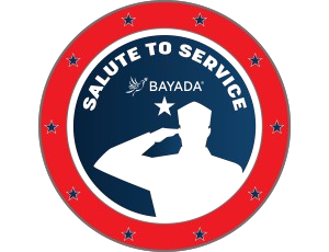 Silhouette of a saluting soldier inside a circle with a red border featuring stars. Text reads "Salute to Service" with "BAYADA" and a star in the center.