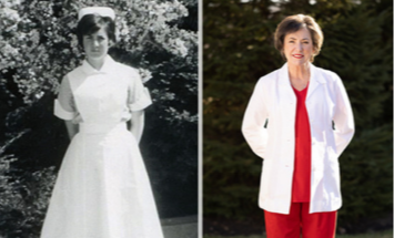 side by side images of Ann Baiada then and now