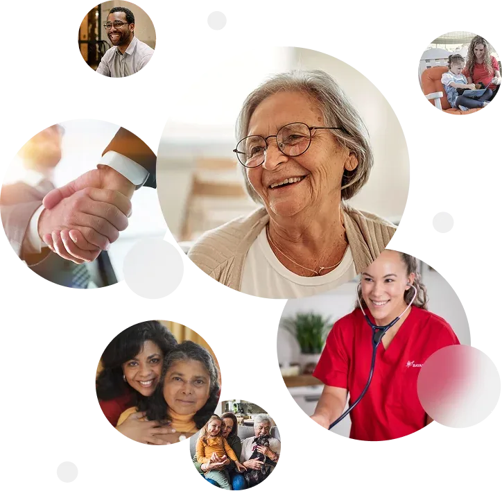 A circular collage celebrating 50 years of BAYADA, featuring diverse smiling individuals, a handshake, and a BAYADA nurse in red scrubs, creating a warm and welcoming feel.