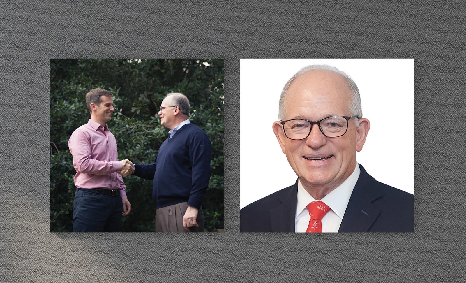 Photo of David and Mark Baiada shaking hands next to a headshot photo of Mark Baiada